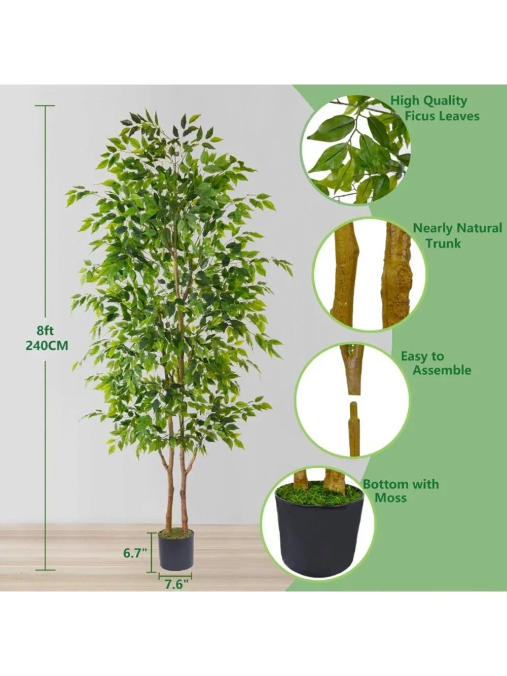 8ft Artificial Ficus Tree - Realistic Fake Floor Plant with Stylish Woven Basket